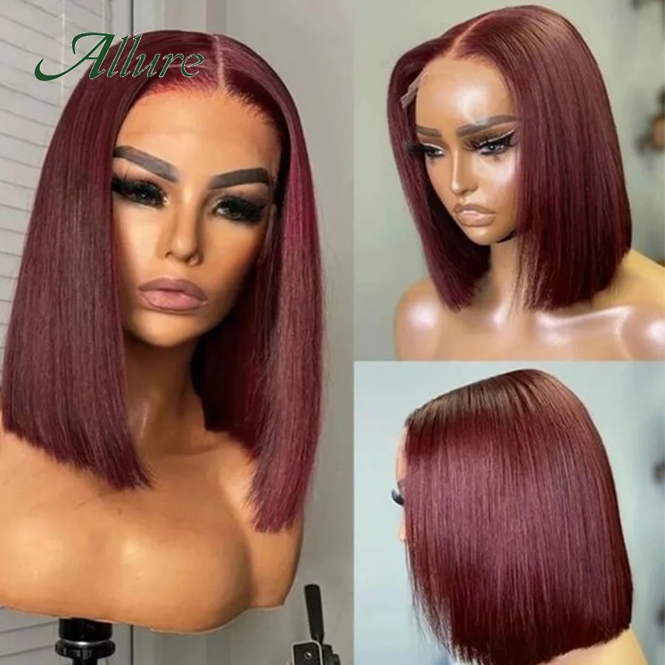 

Burgundy Short Straight Bob Human Hair Wigs for Black Women 180% Brazilian Lace Front Wigs Preplucked With Babyhair Allure