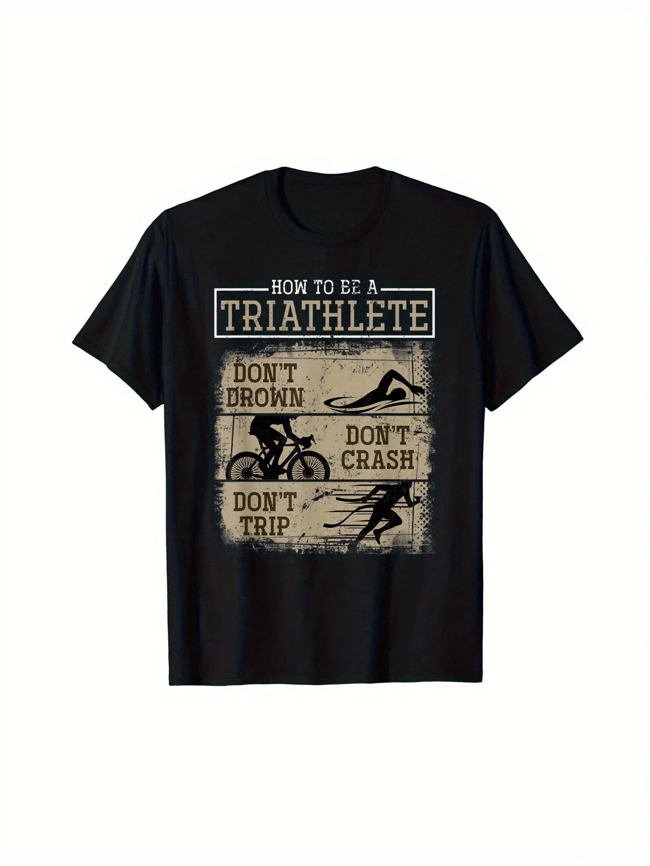 Nueva camiseta de triatlón para hombre - Camiseta gráfica HOW to BE A TRIATHLETE con siluetas de atletas de natación, ciclismo y carrera - Camiseta motivacional de carreras