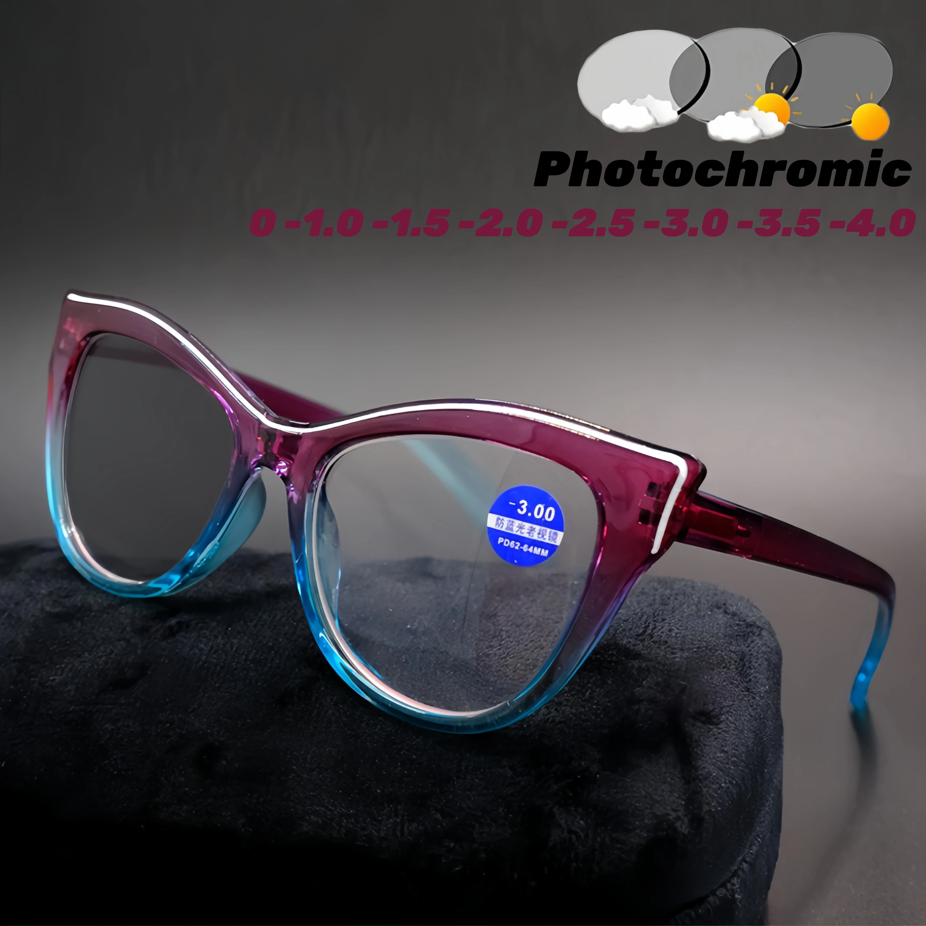 

Contrast Color Cat Eye Photochromic Myopia Glasses Indoor Outdoor UV Sunglasses Blue Light Blocking Computer Near Sight Glasses
