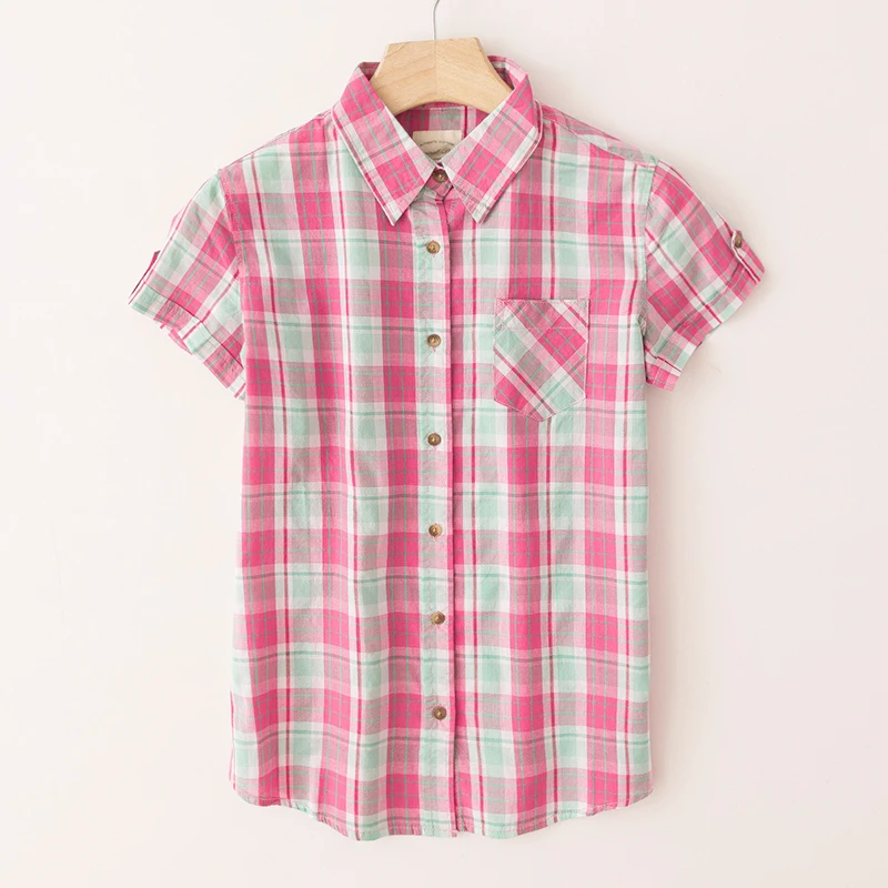 Csa hoada de aodón de talla ande para mujer, Top fino de manga corta a cuadros con protección solar, cuello  Reg...