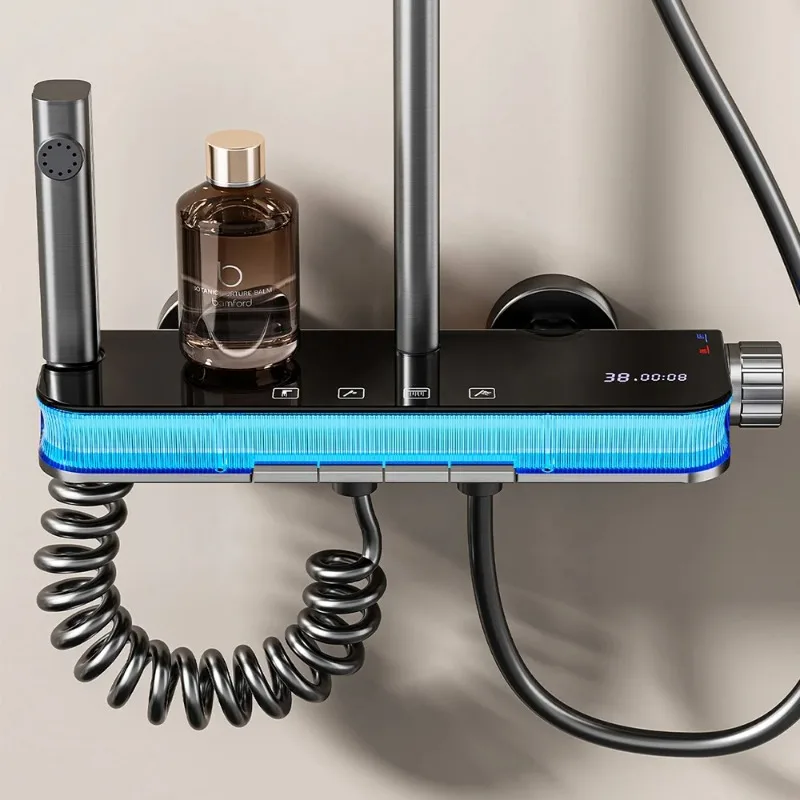 Luxury LED Digital Display Bath Mixer Shower Faucet Set 4-Functions Modern Rainfall System Bathroom Shower Head for Hotel