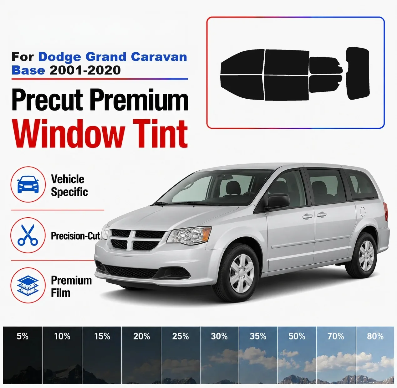 Premium Precut Window Tint Kit Front Rear Windows Rear Windshield For Dodge Grand Caravan Base 2001-2020 Nano Ceramic Film