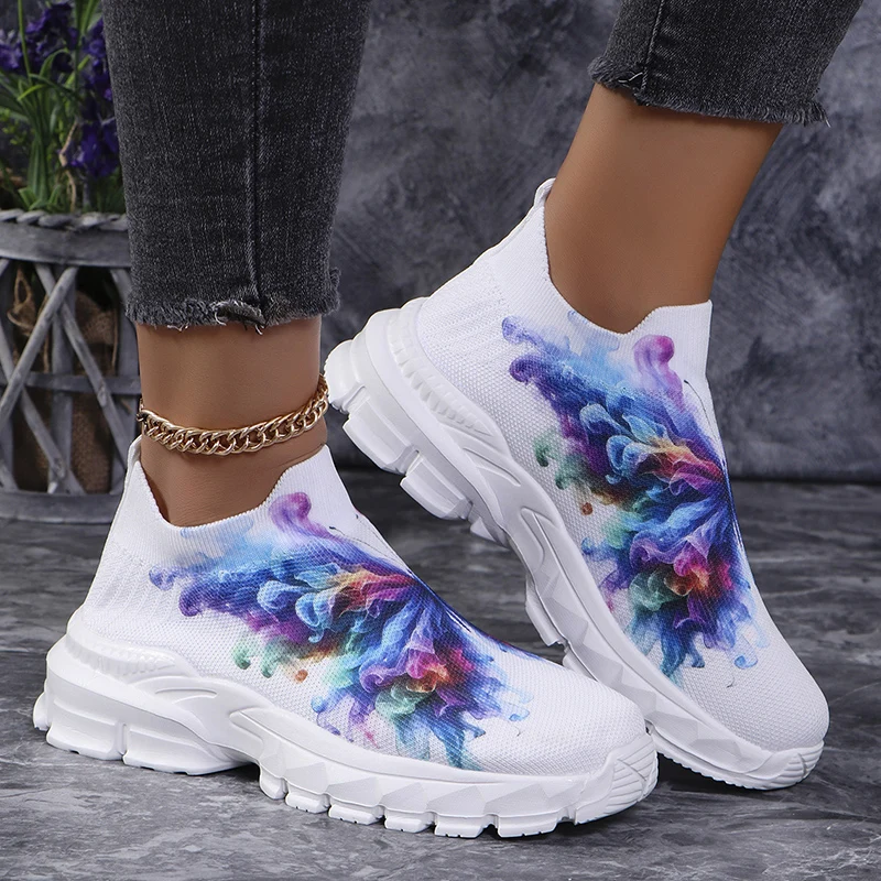 Butterfly Print Knitted Sneakers Women Plus Size Breathable Air Mesh Casual Sneaker Woman Lightweight Slip On Walking Flats 43