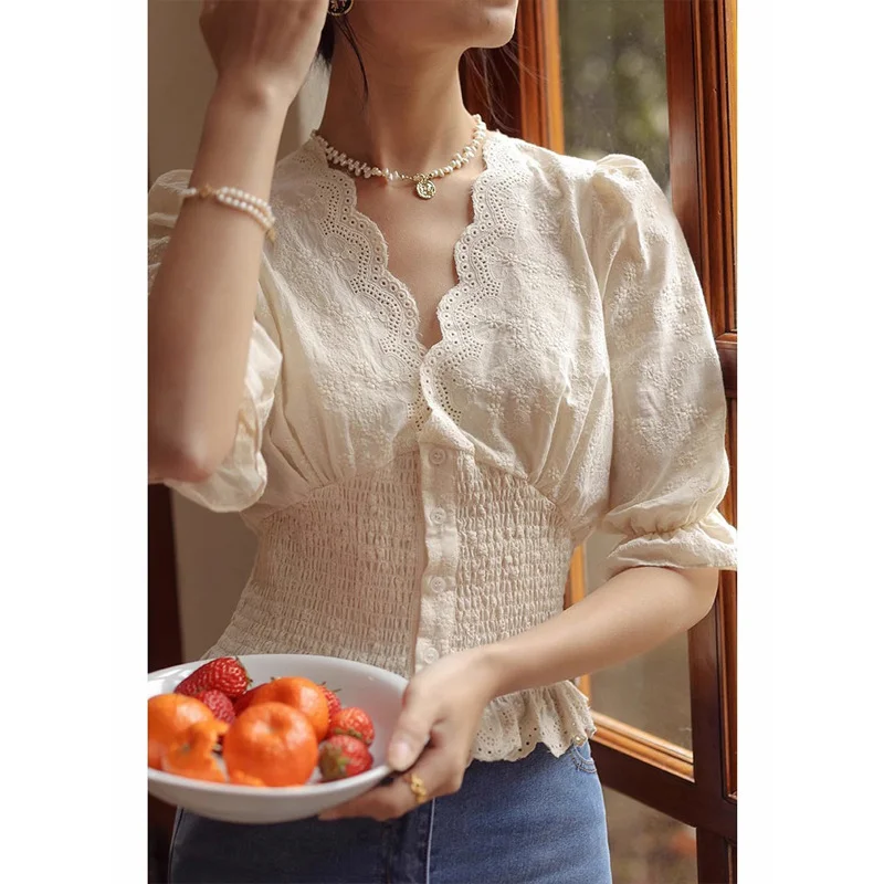 Women's French Retro Lace V-neck Shirt Short Sleeve Puff Sleeve Smocked Waist Elegant Blouse Summer Top