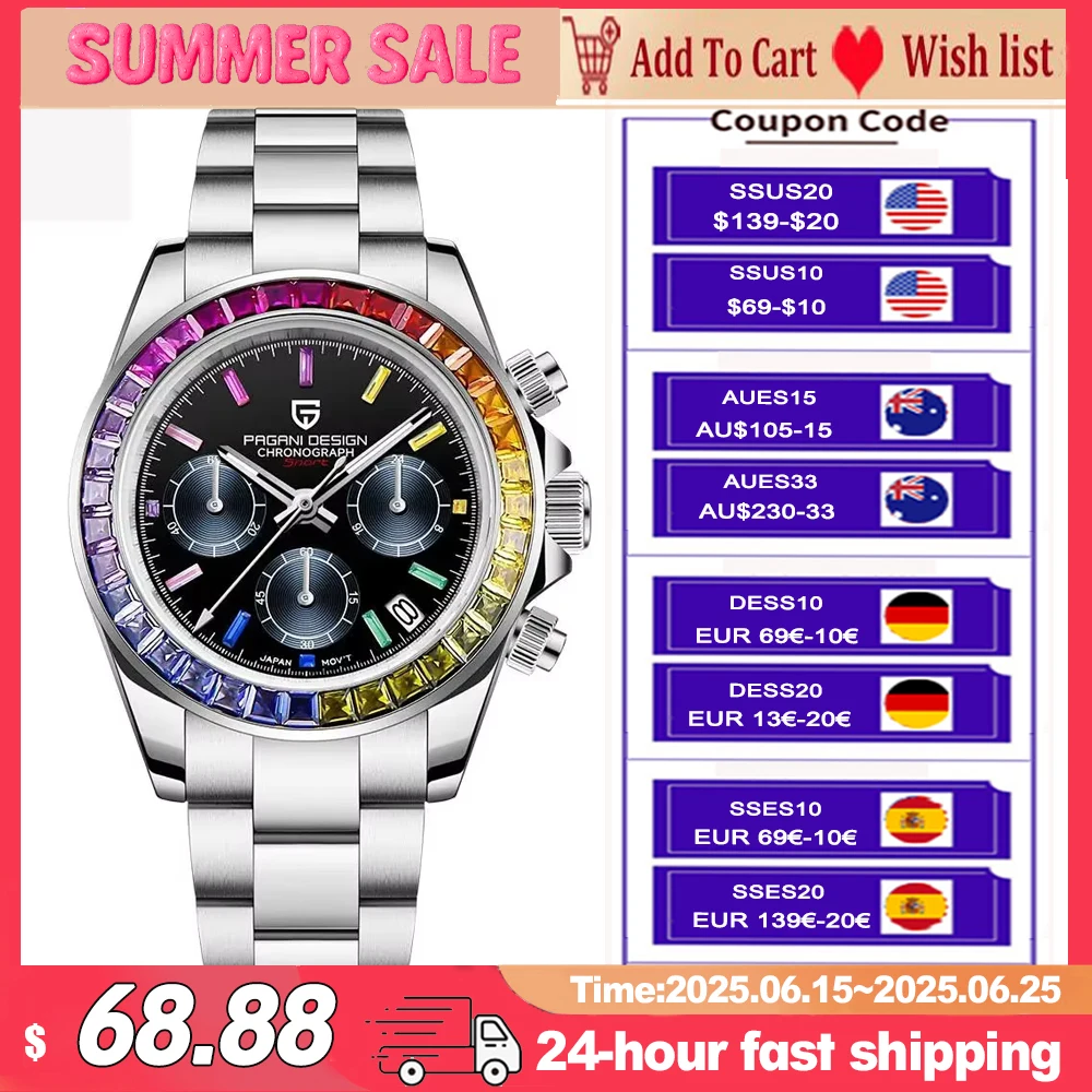 

PAGANI DESIGN Rainbow Circle PD1644 Роскошные модные кварцевые часы для мужчин Автоматические наручные часы Мужские спортивные водонепроницаемые хронограф