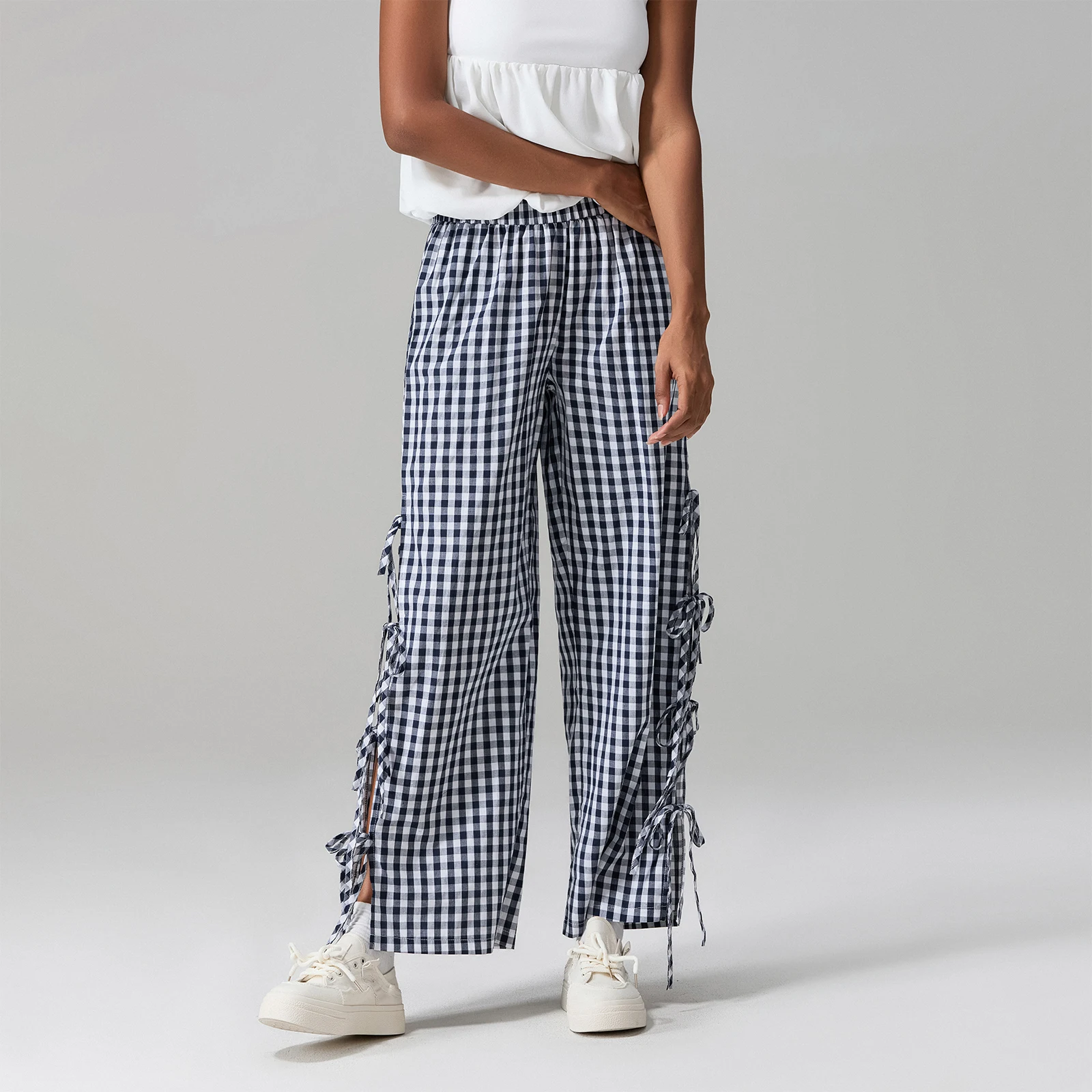 Women Wide-Leg Pants Plaid Side Tie-Up Loose Trousers Spring Summer Casual Sweatpants Casual Bottoms Pants