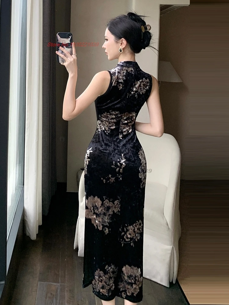 فستان صيني مثير لعام 2025 فستان سهرة مأدبة ملهى ليلي من تشيباو الوطني مطبوع عليه زهور بدون أكمام شبكي مخملي شيونغسام #5