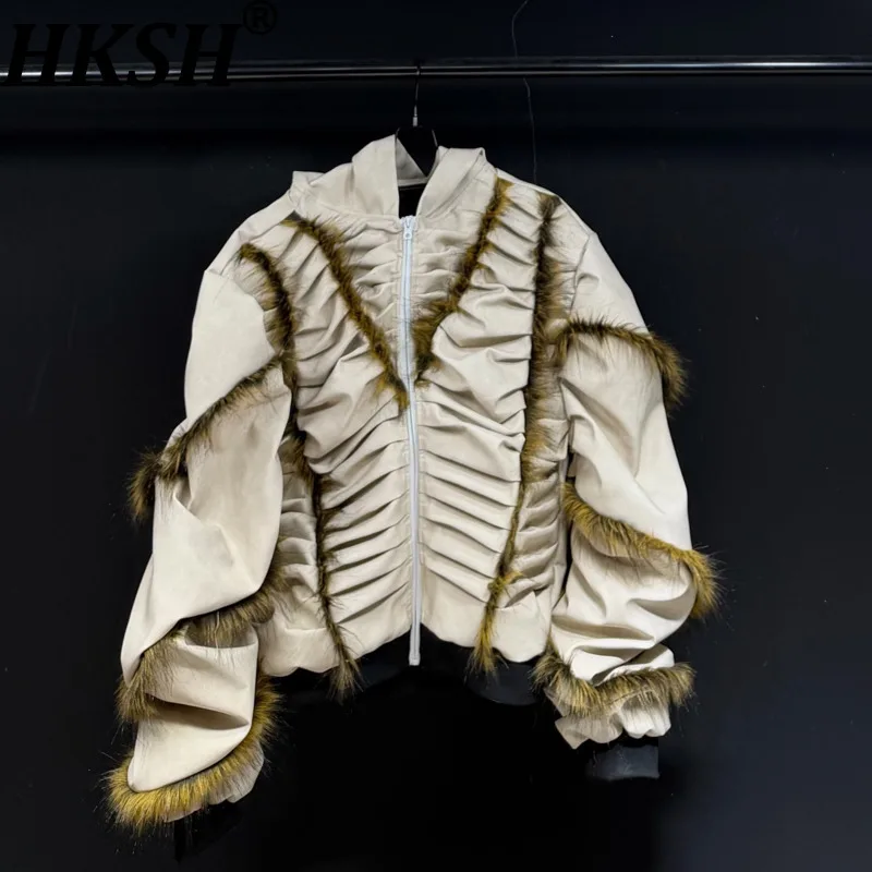 

HKSH Autumn Winter New Men Design Retro Fur Patchwork Loose Pleated Hooded Zipper Jacket Trendy Fashion Casual Punk Coat HK18997
