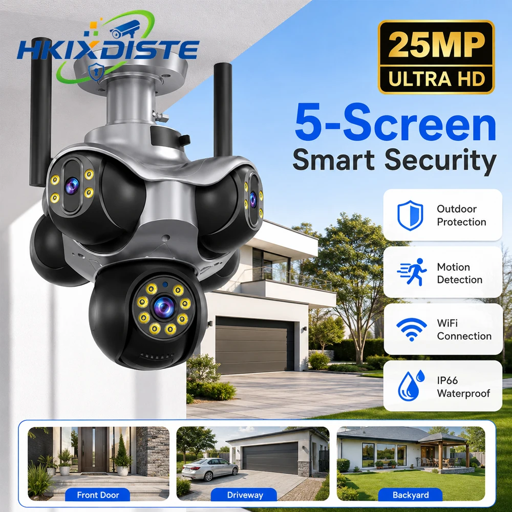 Five Lens Five View 25MP WiFi Outdoor Security Camera Multi Angle Surveillance Motion Detection IP66 Waterproof PTZ Home Cameras