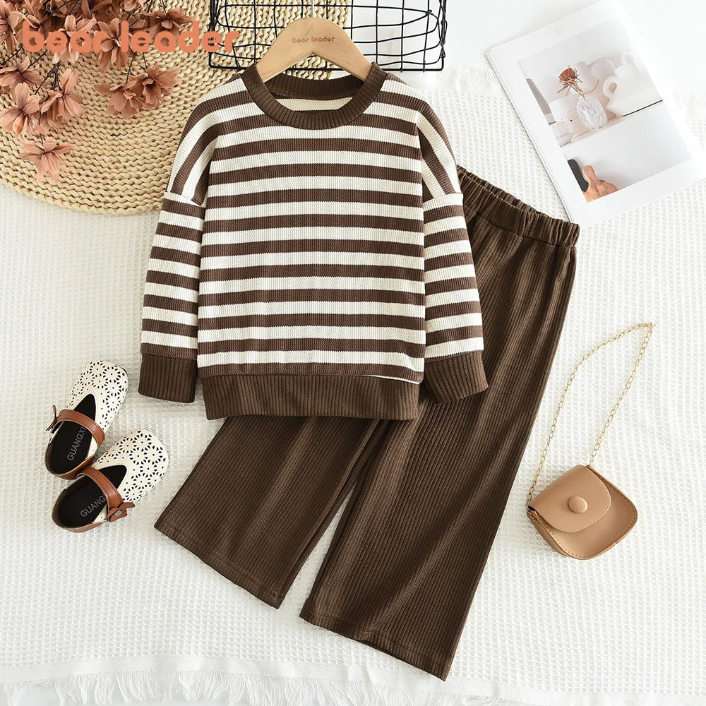Bear Leader 3-7 Year Old Korean Version Children's Clothing Autumn Girls Outfits Long Sleeve Striped Top + Pant Casual 2 Pcs Set