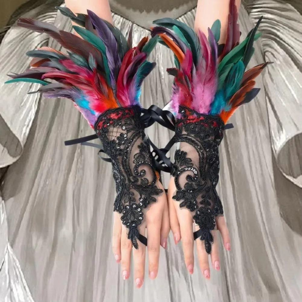 Retro Halloween Feather Gloves Gothic Wristband Sequins Feather Lace Gloves Embroidery Cuffs Women Halloween Arm Sleeves