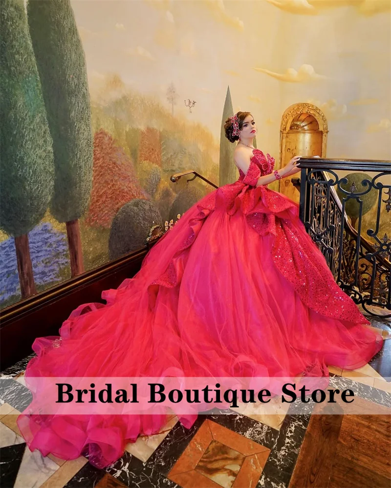 Princess fuchsia Quinceanera Dresses Butterfly Style Gown Glitter Beads Crystals15th Birthday Party Sweet 16 Dress Ball Gown