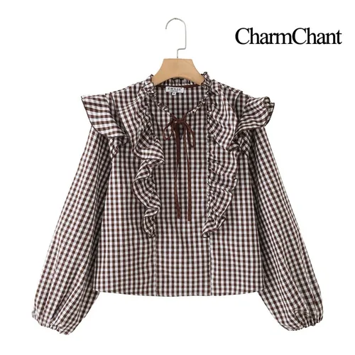 Imagen 2 del producto CharmChant, blusa recortada de algodón a cuadros con volantes y cuello con lazo para mujer, camisa elegante moderna de manga larga para primavera y otoño 2026