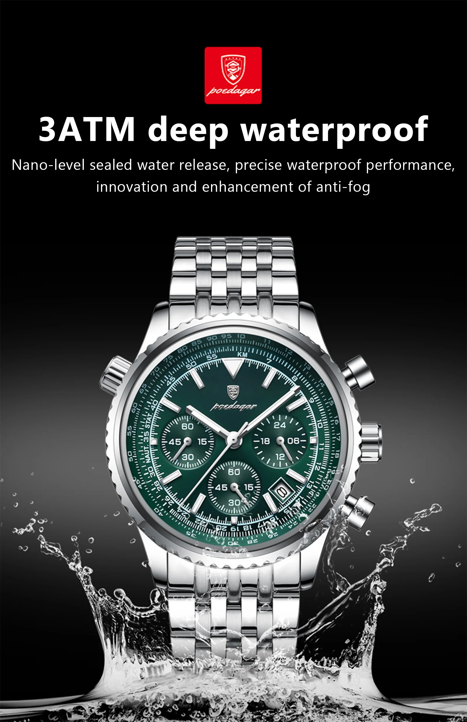 POEDAGAR Luxusuhren für Herren, Datum, Chronograph, Edelstahl, Sport-Herrenuhr, wasserdicht, leuchtender Quarz, Militär-Herrenuhr – Detail 12