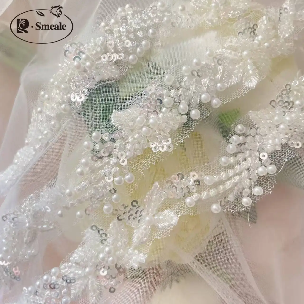 3 Yards/Packung Hochwertige weiße Perlenstickerei-Spitze, Kopfschleier, Hochzeitskleid, Dekorationszubehör, handgefertigte Spitze für DIY. – Detail 4