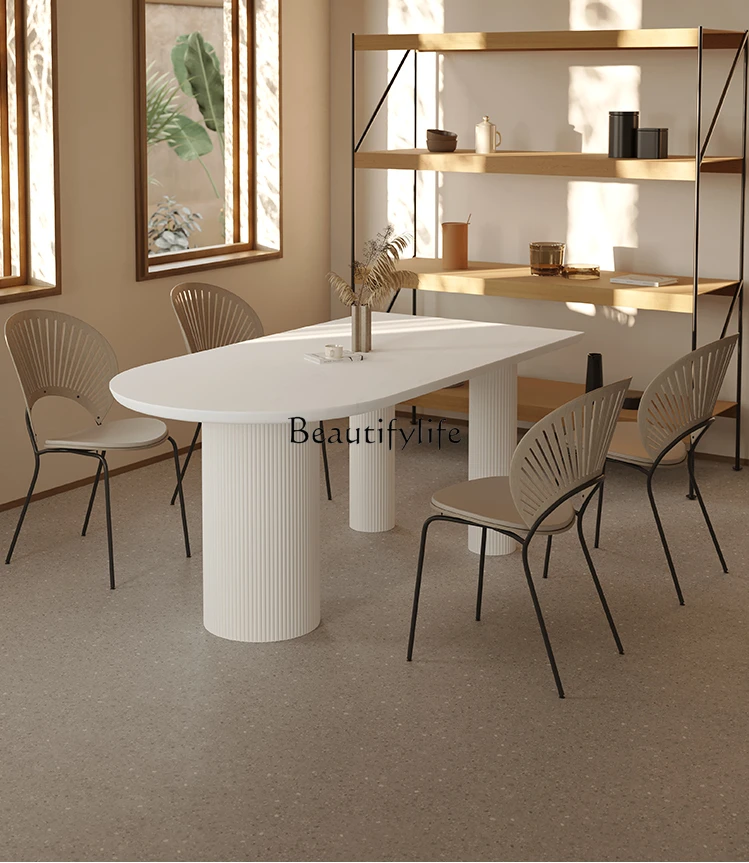 Simple Terrazzo Dining Table Semicircle Arc Marble Dining Table White Silent Cream Solid Wood