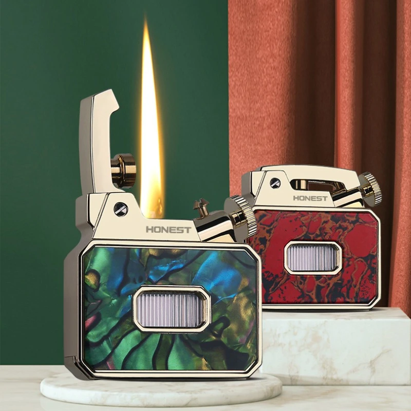 HONEST Creative Retro Metal Transparent Warehouse Fuel Oil Lighter Press Ejector Lighter Men's Collection of High-grade Gifts
