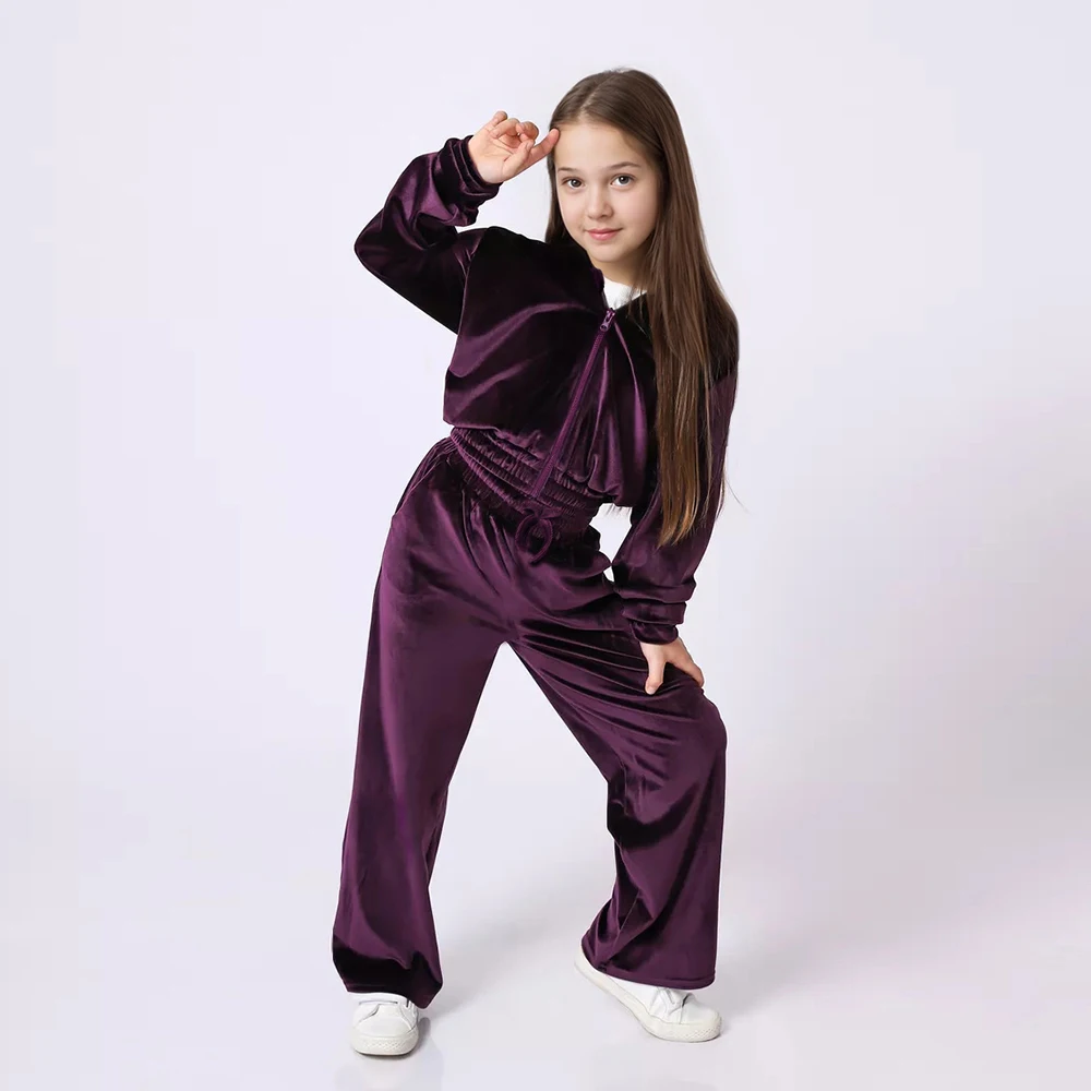 2 قطعة 2025 موضة الأطفال الفتيات المخملية Sweatsuit طفل سستة يصل هوديي الستر معطف فستان أطفال مع سروال داخلي الشتاء الاطفال رياضية وتتسابق #2