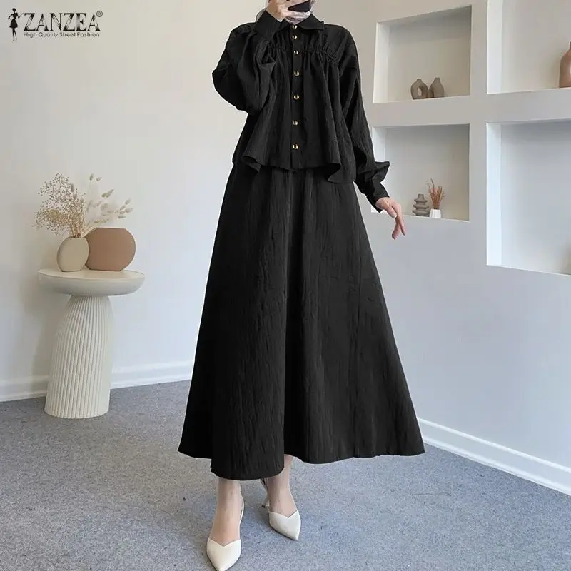 ZANZEA  Dress Sets Women Muslim Sets Two Piece Outfits Long Sleeve Blouse Long Skirt Elegant Solid Color 2PCS Streetwear