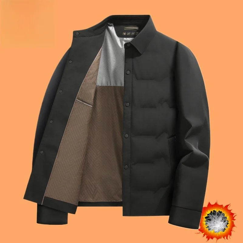 

Мужская универсальная теплая пуховая куртка для среднего возраста, утепленная, с воротником-стойкой, в деловом стиле, из бархата.