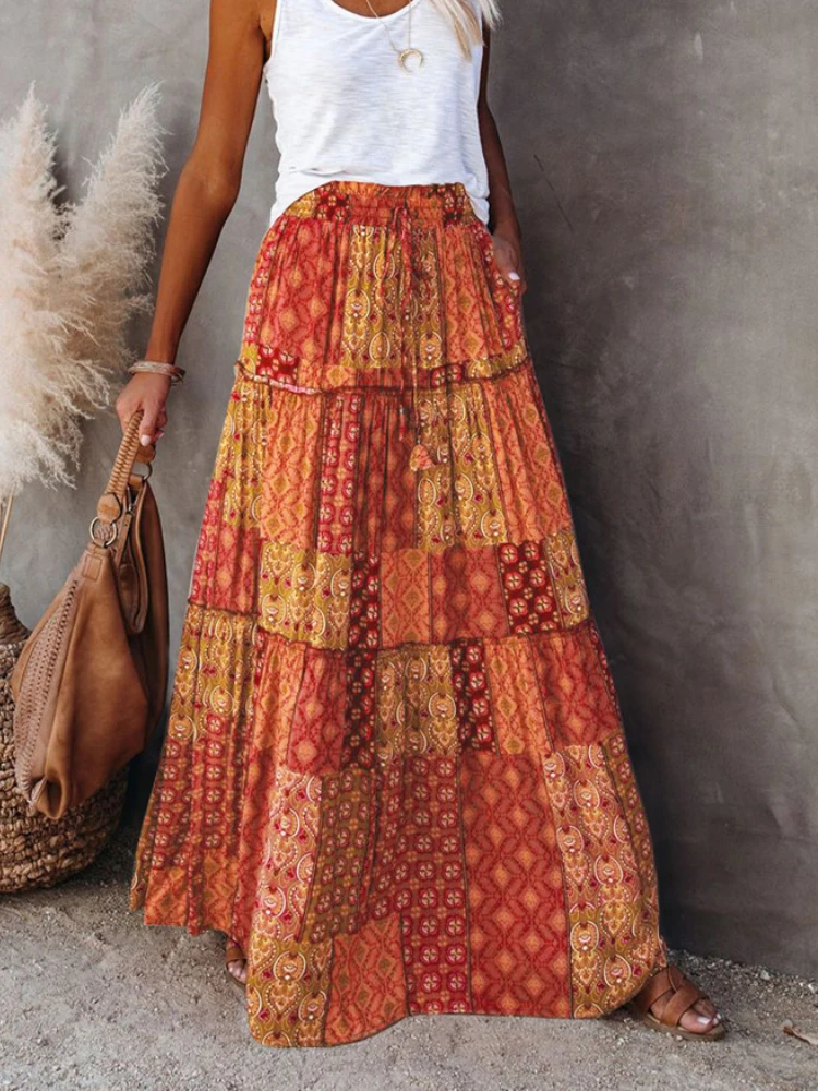 

Women's Long Skirts Fashion Bohemian Print Maxi Skirt Winter Holiday Beach Skirts Casual Loose Patchwork Skirt Female Bottoms