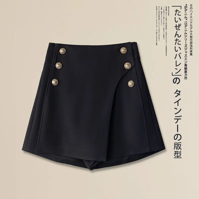 Women's Asymmetric Shorts Skirts, High Waist, Korean Style, Elegant Wide Leg Short Pants, Back Zipper, Solid Skort, Autumn, Wint