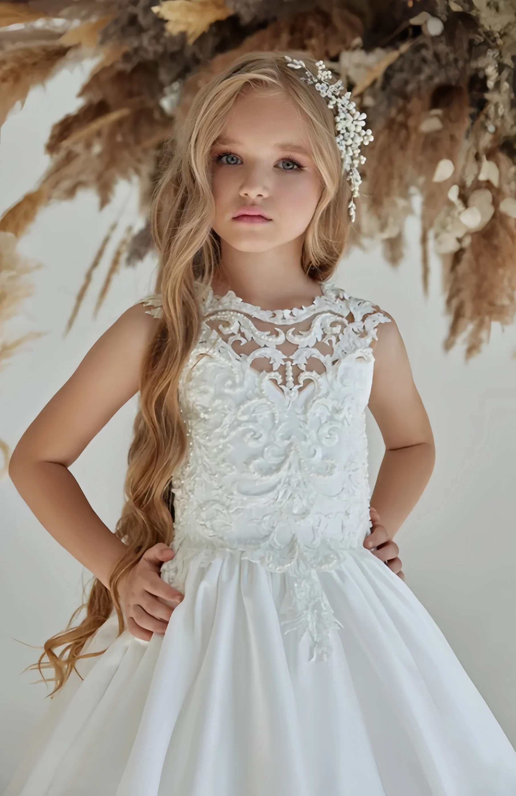 レースステッチフラワーデコレーションチュチュパターンエレガントで甘いフラワーガールドレス、休日の祝賀会やフォーマルなレセプションに最適