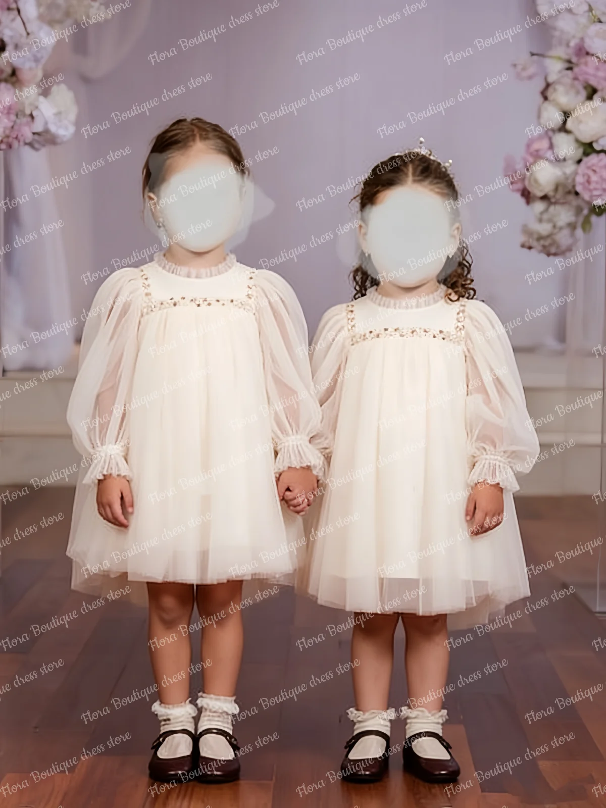 ivory Tulle Long Sleeve Children's Birthday Party Flower Girls Dress Wedding Bridesmaid Performance Ball Holy Communion Gown