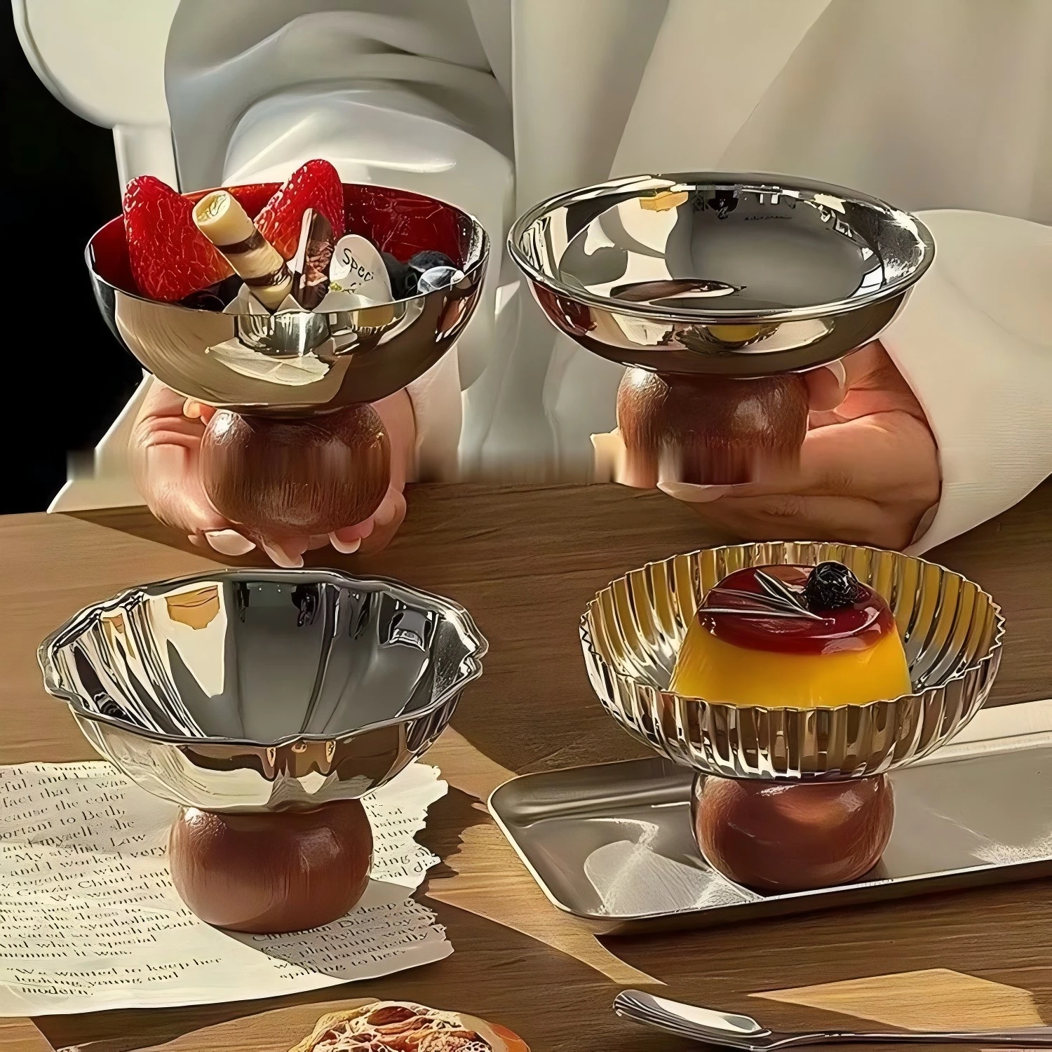 Stainless steel wooden base high footed dessert bowl petal patterned pudding bowl restaurant ice cream fruit small bowl