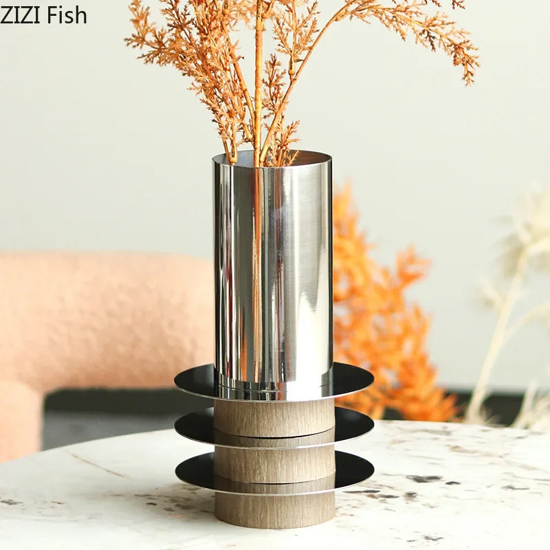 Minimalism Silver Cylinder Vase Flowers Pots Desk Decoration Flower Arrangement Creative Metal Floral Vases Room Aesthetic Decor