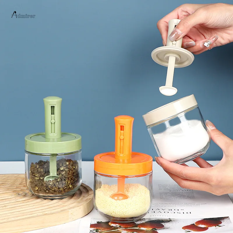 Protable Seasoning Box Condiment Canister Kitchen Glass Seasoning Bottle Salt Spice Container with Lid Spoon Sugar Bowl