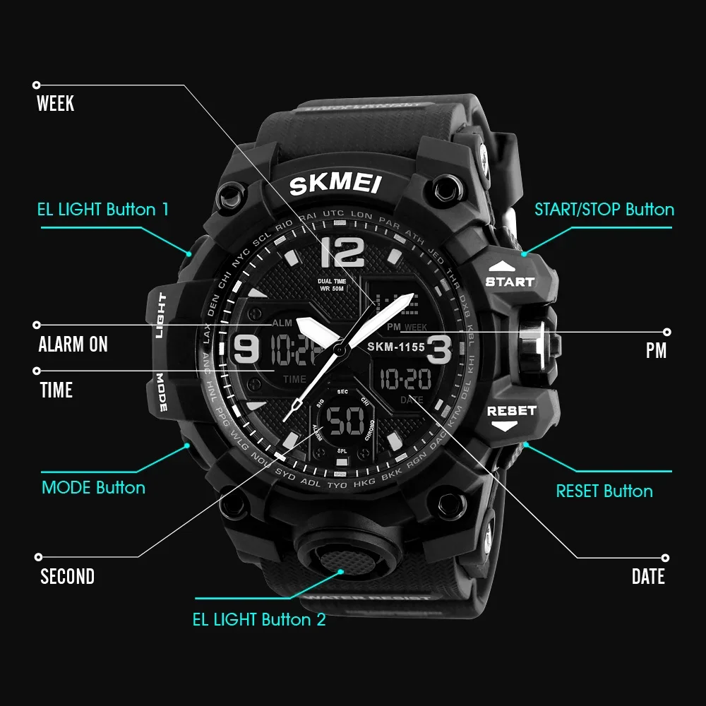 SKMEI 1155B Digital Sport Watch for Men Electronic LED Display Military Wristwatch Waterproof Shockproof Mens 1637 Reloj Hombre