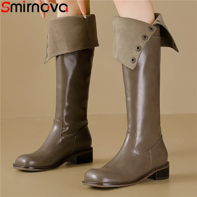 

Smirnova 2023 New Genuine Leather Slip On Over The Knee Boots Fashion Ladies Modern Boots Square Med Heels Winter Long Boots