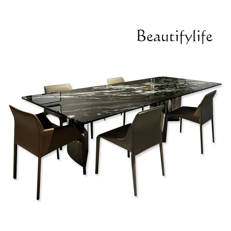 

Natural black marble rectangular light luxury high-end dining table high-end villa luxury stone dining table