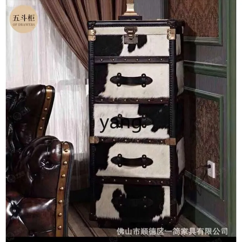 LMM industrial style first layer cowhide retro bedside table cow fur box decorative cabinet