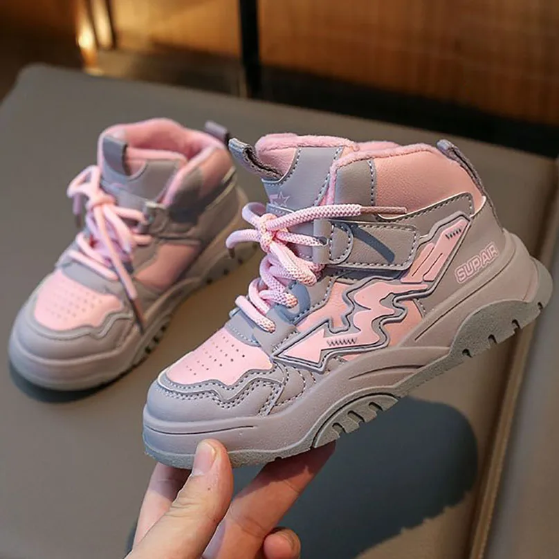 

Зимняя спортивная обувь для детей, кроссовки из искусственной кожи для девочек-подростков, Толстая теплая хлопковая обувь для мальчиков, нескользящая обувь из искусственного меха