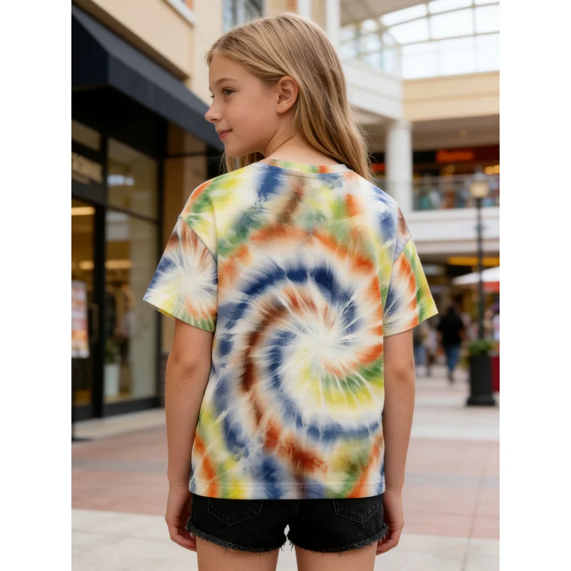 2026Girls' Fresh and Colorful Tie-Dye T Shirt Soft mixed-color spiral pattern children's clothing