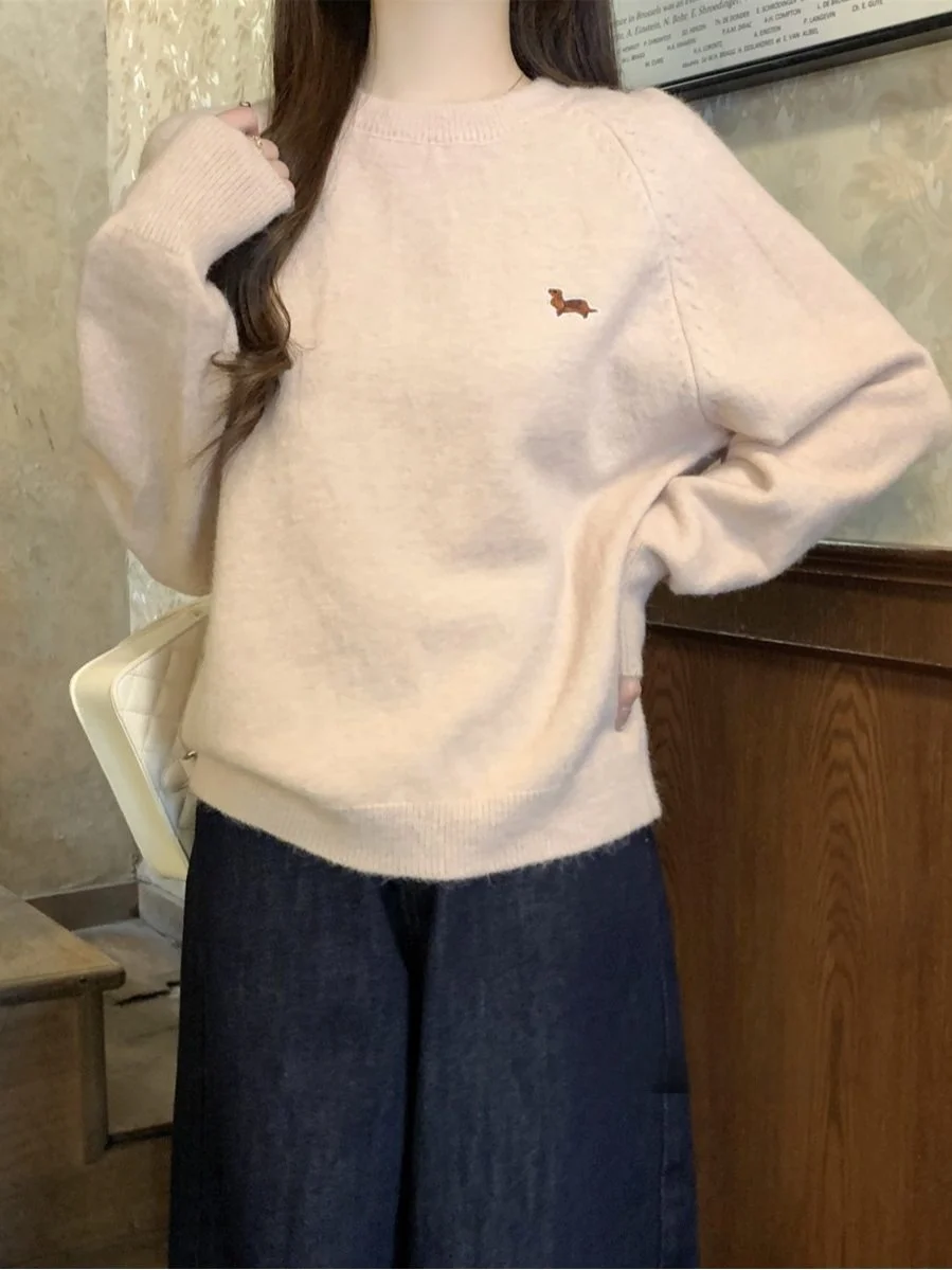 

Loose Fit Long Sve round Ne Knitted Sweater Women's Faion Winter 2025 Embroidered Comfortable Warm Casual Knitwear