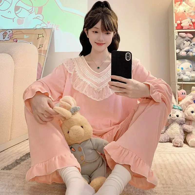 

M-5XL Plus Size Island Velvet Pajamas Women's Winter Thickened Court Style Sleepwear Lace Ruffle Sweet Loungewear Home Clothes