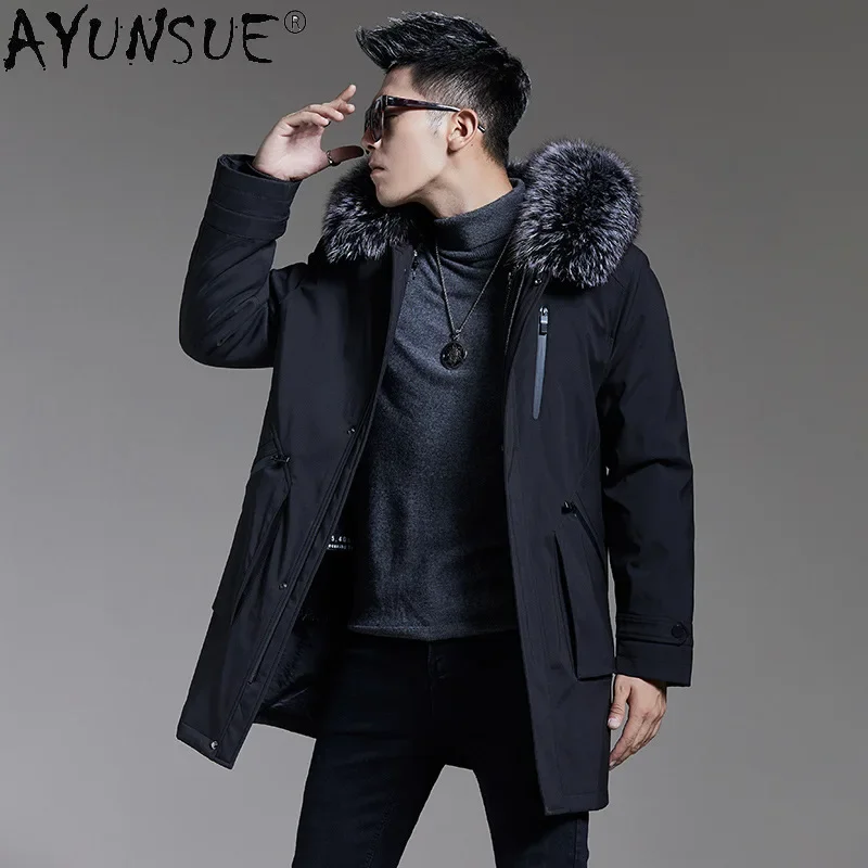 AYUNSUE Winter Real Fur Parka Men Detachable Mink Fur Liner Coats Silver Fox Fur Collar Thickened Overcoat Fur Jackets Hooded