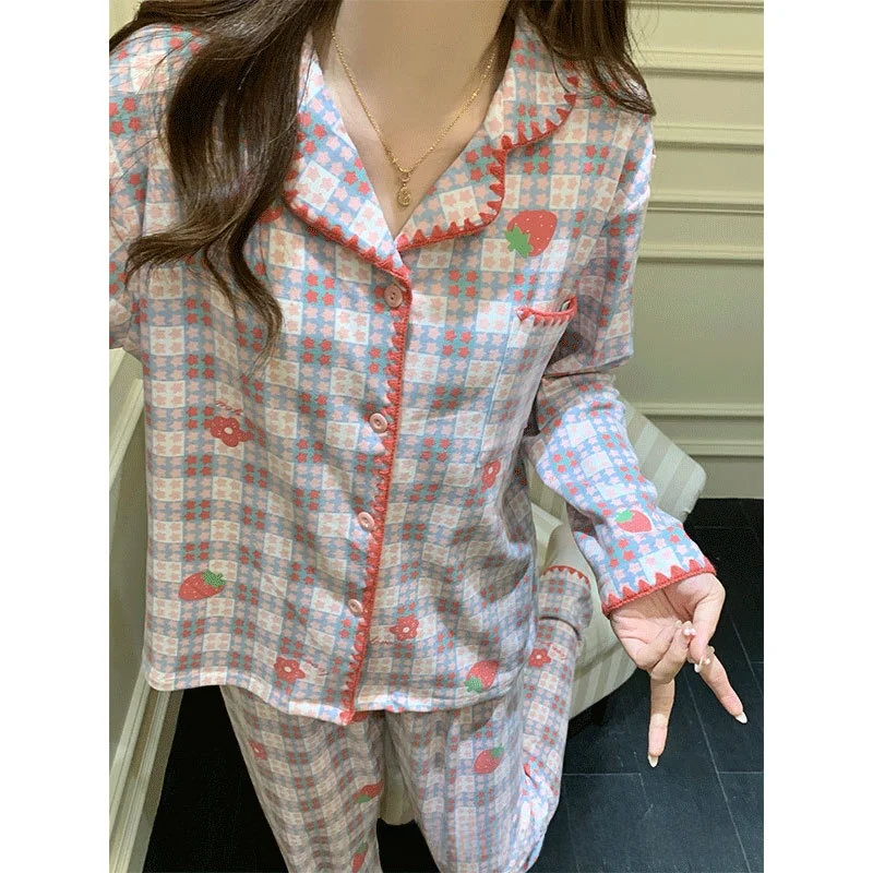 

Warm Long Sleeve Women's Sleepwear with Chest Pad Velvet Home Clothes Two-Piece Set Sweet Cute Style Autumn Winter Home Use