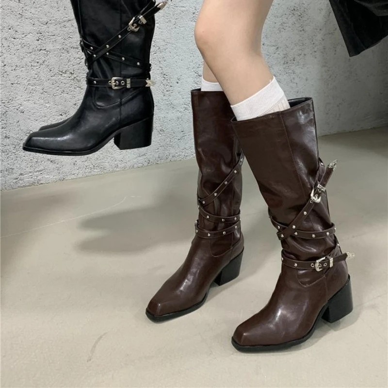 

British Style Square Toe Long Boots 2025 New Autumn Outdoor Wear Heightening Small Audience Retro Rivet High Heel Knee High Knig