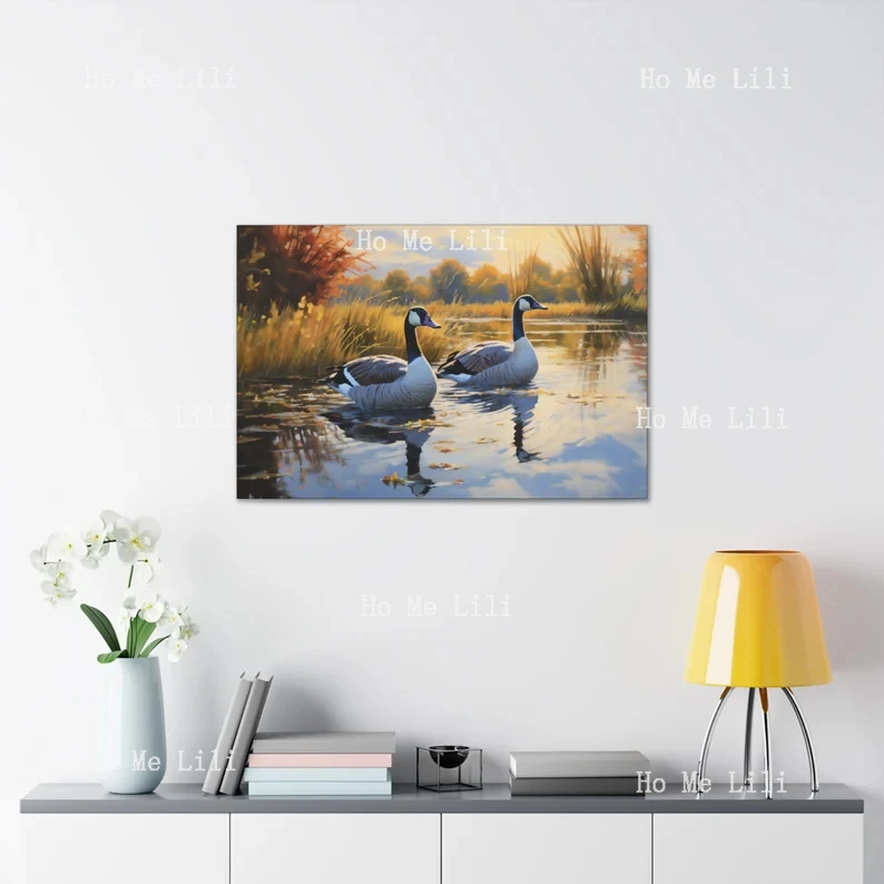 Naturalism Style Oil Painting Of Canadian Geese On A Pond Fine Art Print Canvas