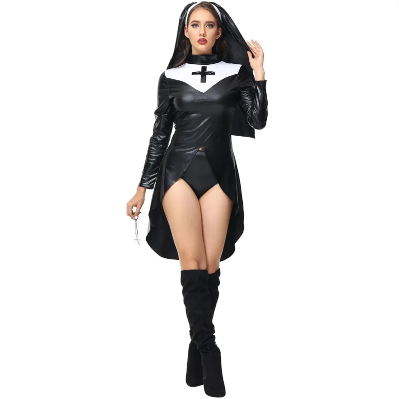 Uniforms sister wetlook nun cosplay costume Halloween party fancy black dress women cosplay costume