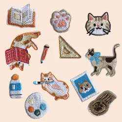 3pcs Cute Cartoon Learning Cat Self-adhesive Embroidery Patch DIY Applique Scratch Patch Decorative Clothing Bags Stationery