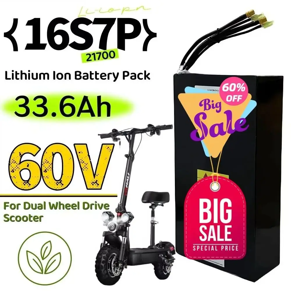 

16S7P 60V 33.6Ah 33600mAh 21700 Rechargeable Lithium Battery Pack for Dual Drive Electric Scooter High Capacity Long-Range Batte