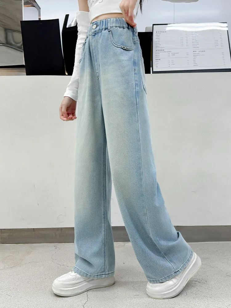 بنطال جينز أزرق فاتح مغسول للفتيات سروال دينم مستقيم الساق سروال شتوي طويل مناسب للأعمار من 7 إلى 14 عامًا #5