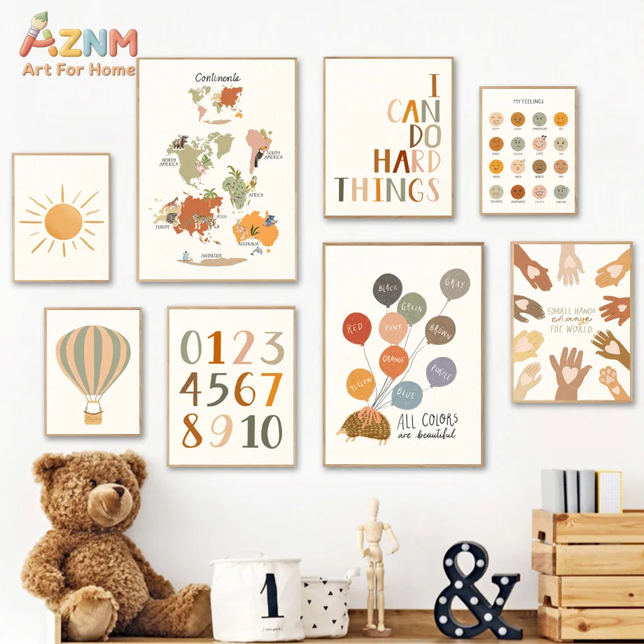 AZNM Boho Educational Canvas Print World Map Number Color Hot Air Balloon Positive Affirmation Kids Learning Unframed Wall Poste