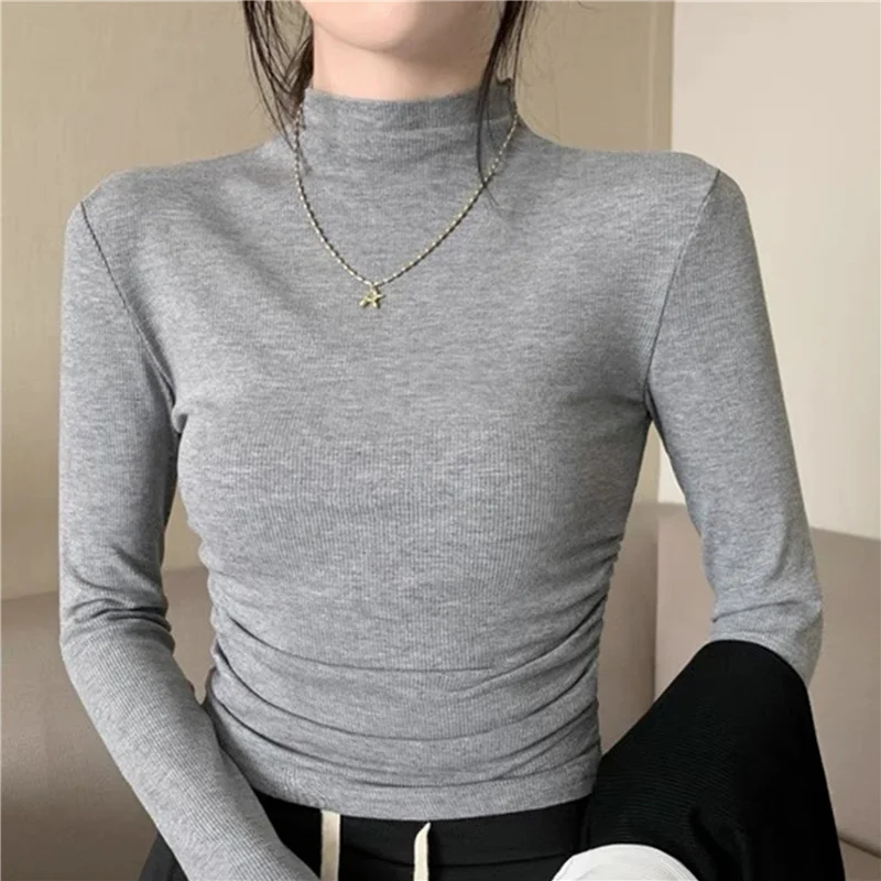 

Женская Slim Fit Base irt f High Collar ort Sve Long Sve Autumn Winter New Sle Inner Wear ey High End Feeling