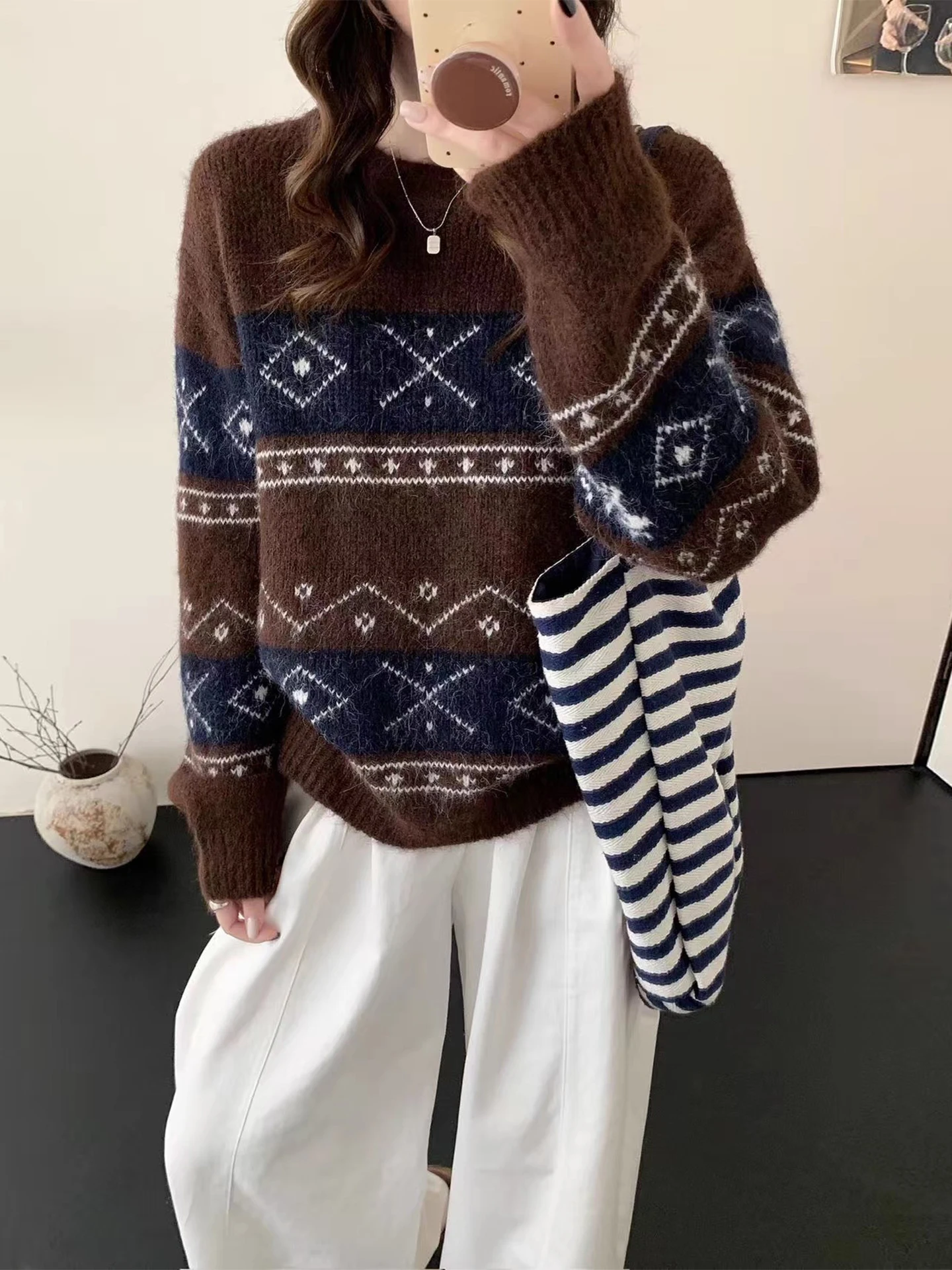 Lose Gestrickte Farbe Blo Floral Stickerei frauen Pullover Winter Neue Sle Vintage runde Ne Lange Sve Polyester Faser